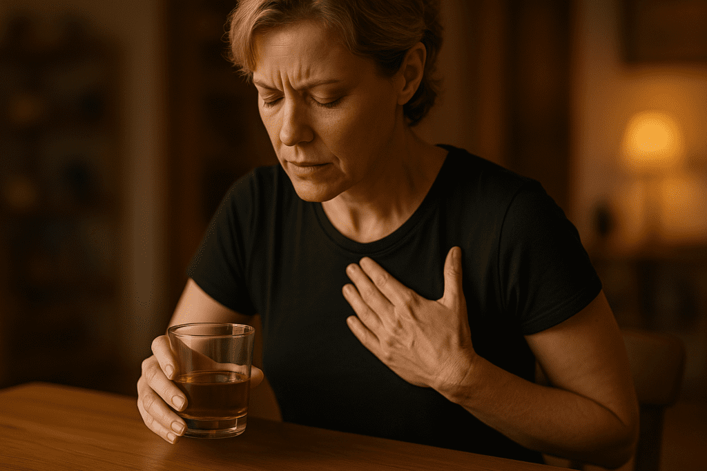 A light-skinned woman in her late 40s clutches her chest with one hand while holding a glass of alcohol in the other, seated at a wooden table under warm indoor ambient lighting. The scene highlights the emotional and physical toll of alcoholic cardiomyopathy, illustrating how alcohol can negatively affect heart health.