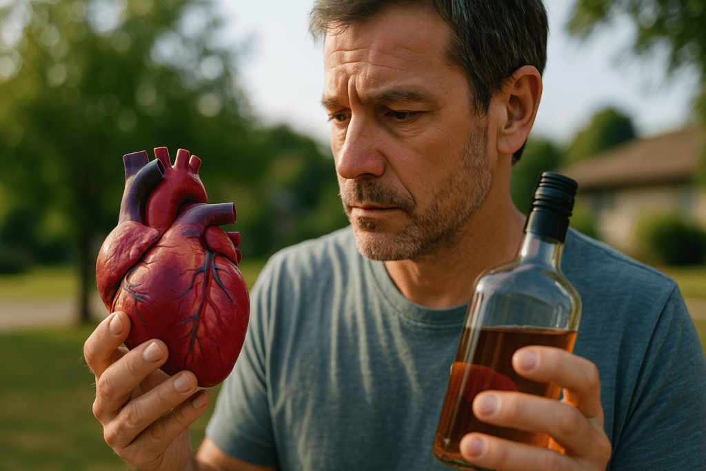 A concerned middle-aged man holds a realistic anatomical heart model in one hand and a partially filled liquor bottle in the other, standing outdoors in soft natural morning light. This photorealistic image symbolizes the connection between alcohol use and heart damage, specifically alcoholic cardiomyopathy, with a calm suburban background enhancing the reflective mood.