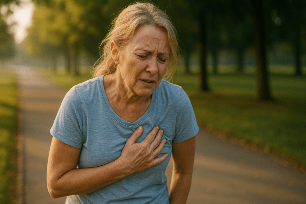 A middle-aged woman clutches her chest in distress during an early morning walk in a quiet park, bathed in soft natural light. The image evokes concern about the average age of heart attack in women and highlights early warning signs in a peaceful yet urgent setting.