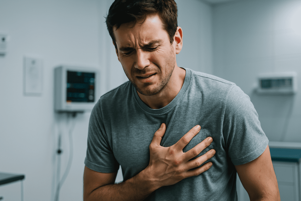 In a brightly lit clinical room with cool, sterile lighting, a young man clutches his chest in visible discomfort, highlighting heart attack symptoms. The setting reinforces scientific insights into heart attack age trends in younger adults and underscores early intervention.