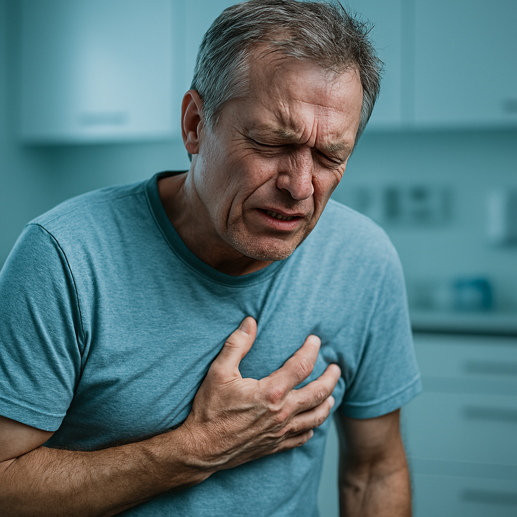 An older man grimaces in pain while clutching his chest in a medical office, dramatically lit with moody, directional lighting that casts deep shadows. This powerful image visualizes the reality of heart attacks in older men and the urgent need for cardiovascular awareness with age.