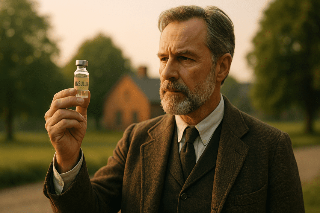 A photograph captures an older gentleman with light skin and graying beard, dressed in a vintage suit, examining a small insulin vial outdoors in soft morning light. Set against a rural backdrop of a red-brick building and trees, the image highlights the historic moment of insulin discovery and its impact on diabetes treatment.