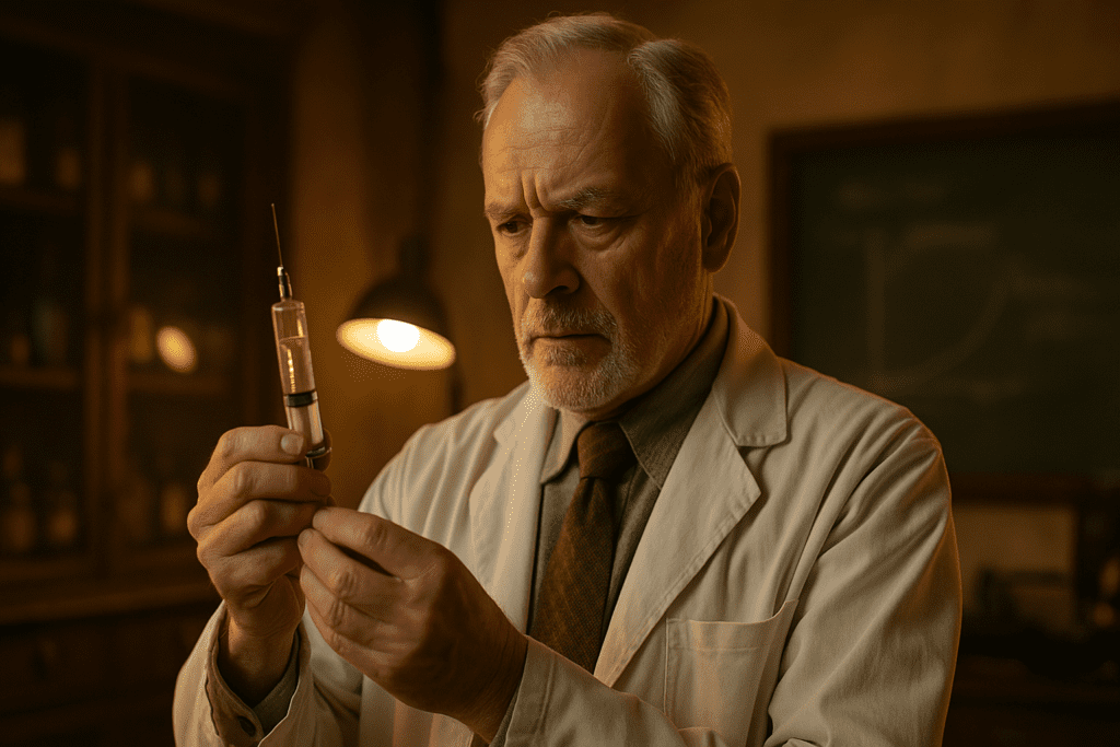 A photograph of an elderly male doctor with light skin and white hair shows him holding and inspecting a vintage syringe in a warmly lit, antique laboratory. The soft amber lighting and period medical equipment convey a historical setting focused on the early administration of insulin and diabetes care advancements.