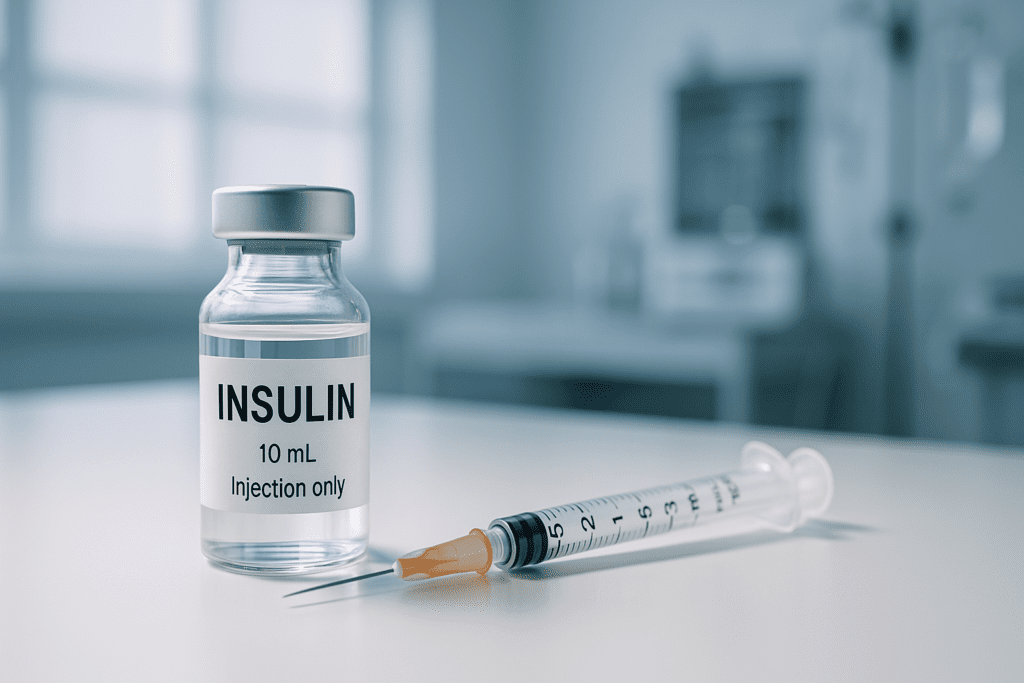 A digital photograph captures a vial of insulin and a syringe resting on a clean white surface in a modern clinical room, illuminated by cool, diffused light through a frosted window. The sterile environment and sharp focus on the vial emphasize the evolution of diabetes treatment and the critical role of insulin in modern medicine.
