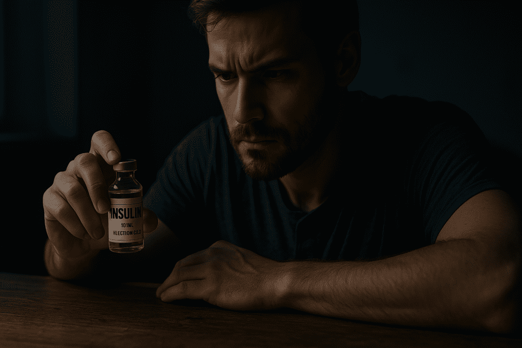 A photograph of a Caucasian man with a beard and short hair sitting at a wooden table, intently studying a vial labeled "Insulin" under dramatic, moody lighting. The dark background and focused expression reflect the personal and emotional weight of diabetes management and the historical significance of insulin therapy.