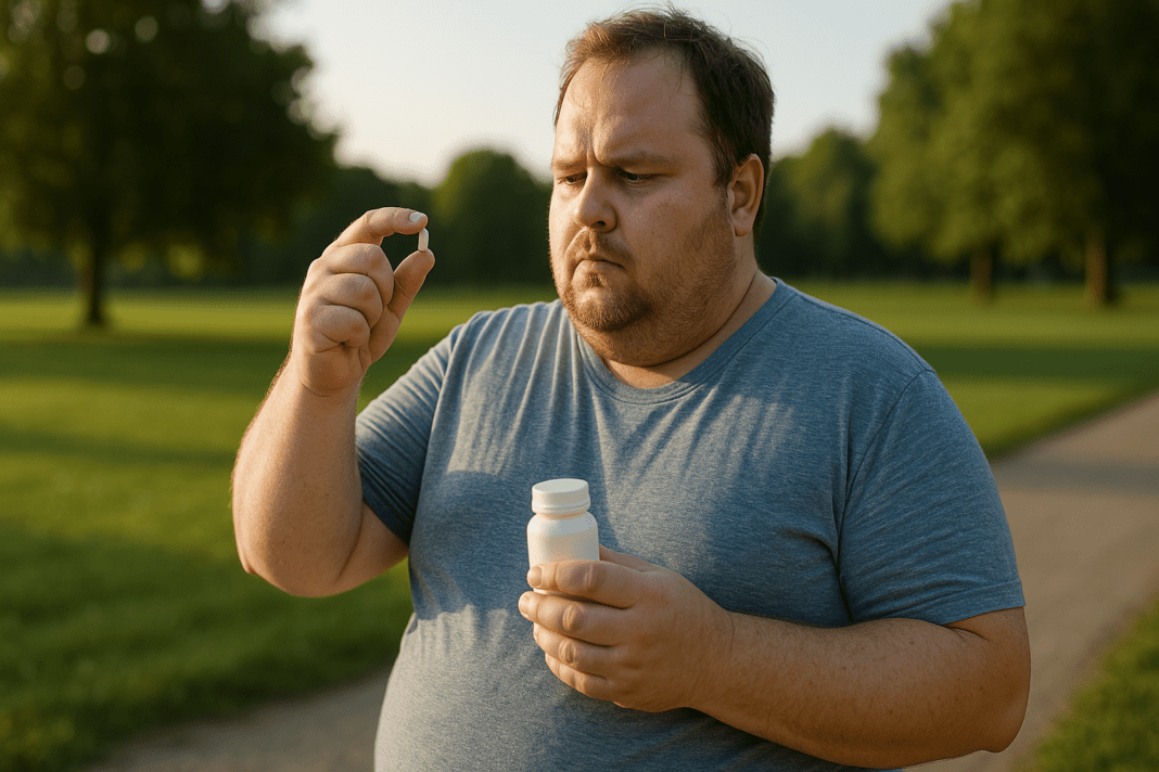 A photograph of an overweight Caucasian man in his mid-30s holding a pill bottle in one hand and inspecting a single white capsule with the other, standing on a park path in soft morning light. The image reflects the personal decision-making process around FDA-approved weight loss medications in a calm, natural setting.
