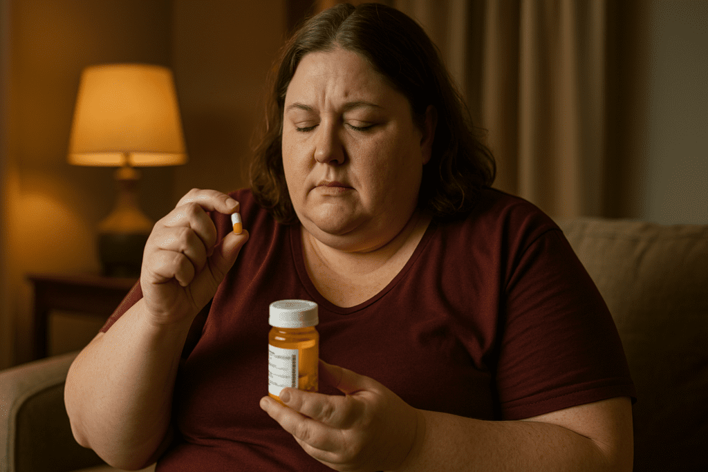 A middle-aged overweight woman sits alone on a sofa in warm ambient lighting, carefully examining a yellow-and-white capsule while holding a prescription bottle, capturing a quiet moment of personal consideration related to new weight loss drug options for obesity management.