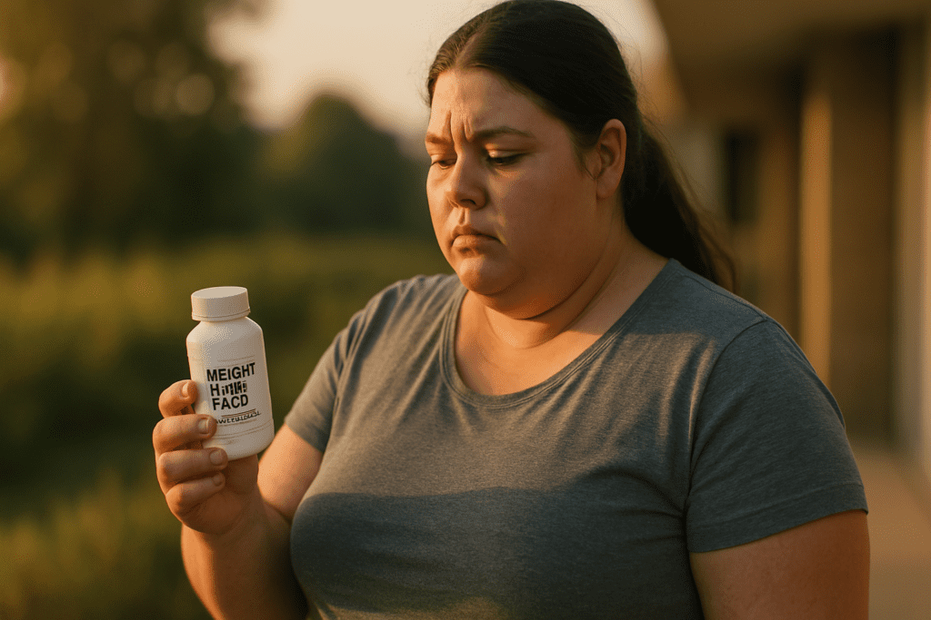 A young woman with long dark hair stands outdoors in soft morning sunlight, examining a white prescription bottle labeled “Weight Loss Drug.” The natural, rural background is softly blurred, and the warm lighting creates a calm and contemplative mood, visually supporting the theme of newly approved obesity treatments.