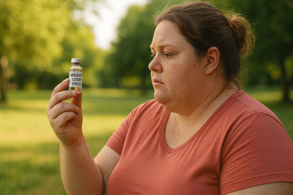 A high-resolution photograph captures an obese Caucasian woman in her 30s sitting outdoors in a sunlit park, examining a small vial labeled “WEIGHT LOSS DRUG” with a contemplative expression. The soft natural morning light and blurred green background emphasize the vial, reflecting the theme of precision-targeted obesity treatment and the FDA’s latest approval.