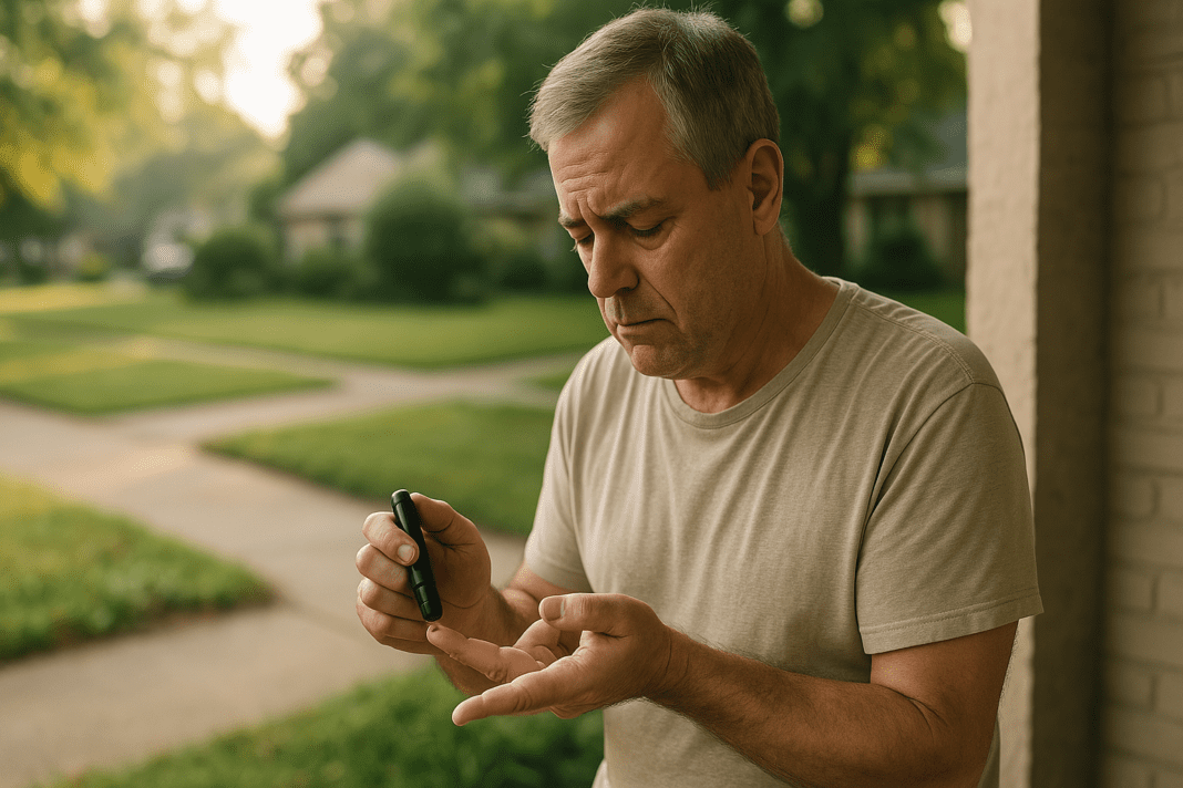 A middle-aged man with light skin and graying hair stands on a suburban porch in the soft natural morning light, carefully checking his blood sugar levels using a glucose meter. The calm, early daylight and quiet neighborhood setting emphasize the importance of early diabetes management to prevent silent progression and long-term health risks.