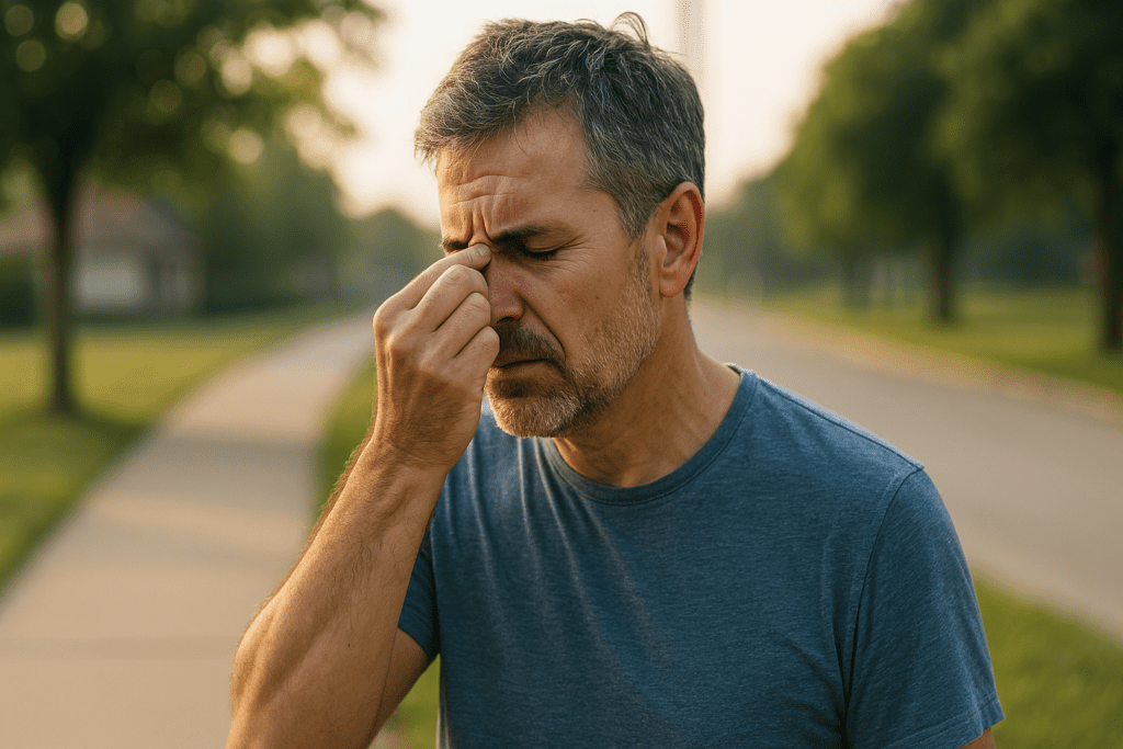 A middle-aged man experiencing discomfort stands on a quiet suburban sidewalk in soft morning light, pinching the bridge of his nose with his eyes closed. This image represents early symptoms of untreated diabetes, emphasizing how silent progression can impact daily well-being in seemingly healthy individuals.