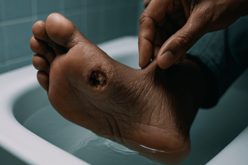 A close-up of a dark-skinned foot in a bathtub shows a deep diabetic foot ulcer with necrotic tissue, as a hand carefully pulls back the skin for inspection under cool clinical lighting. This visual emphasizes the severe complications that can arise from untreated diabetes, such as foot infections and risk of amputation.