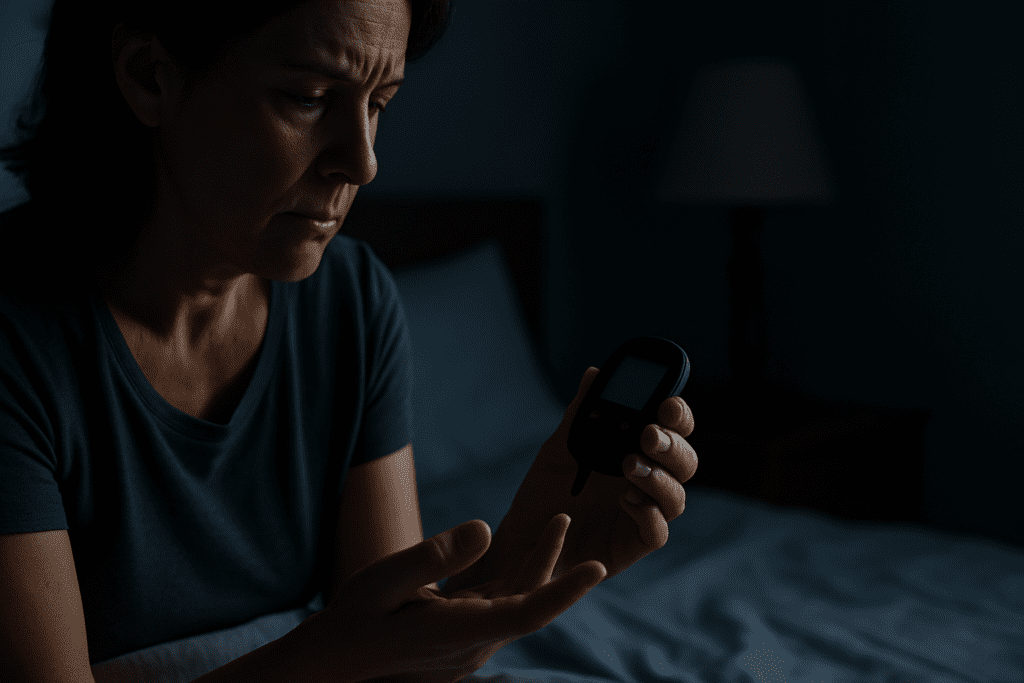 A middle-aged woman sits in a dimly lit bedroom at night, holding a blood glucose meter in one hand while inspecting a drop of blood on her finger with concern. The moody lighting and shadows reflect the emotional toll and health risks of unmanaged diabetes, especially when routine monitoring is neglected.