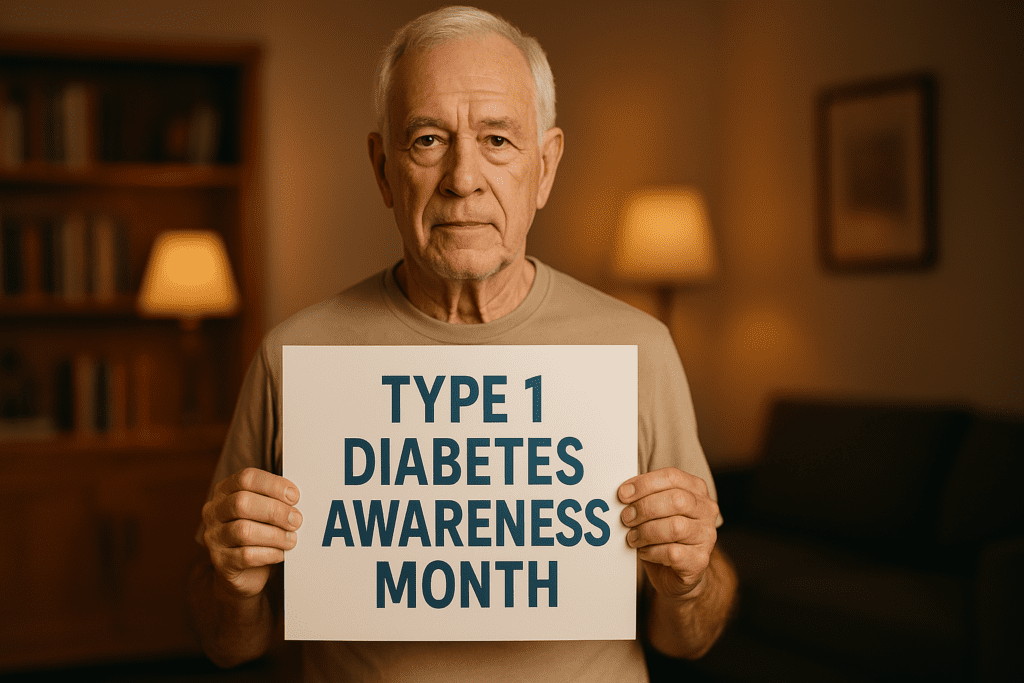 An elderly man with white hair and a serious expression holds a sign that says "TYPE 1 DIABETES AWARENESS MONTH" in a warmly lit indoor room. The cozy, softly lit environment underscores the emotional impact and importance of public health messaging for Type 1 diabetes awareness.
