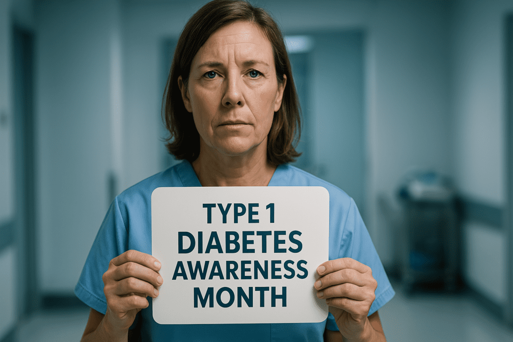 A female healthcare professional in blue scrubs holds a "TYPE 1 DIABETES AWARENESS MONTH" sign in a cool-lit clinical hallway. Her serious expression and the sterile hospital environment reinforce the importance of diabetes education and public health initiatives.