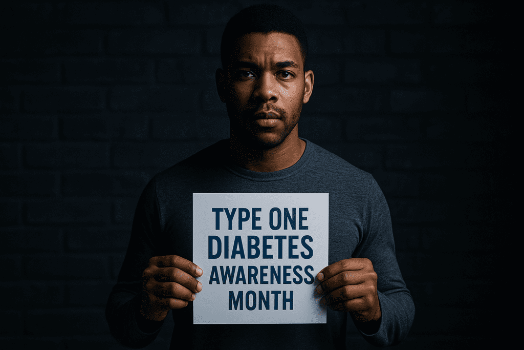 A young African American man stands against a dark brick wall, holding a sign that reads “TYPE ONE DIABETES AWARENESS MONTH” under moody, dramatic lighting. The stark shadows and focused expression highlight the urgency and seriousness of promoting awareness around Type 1 Diabetes.