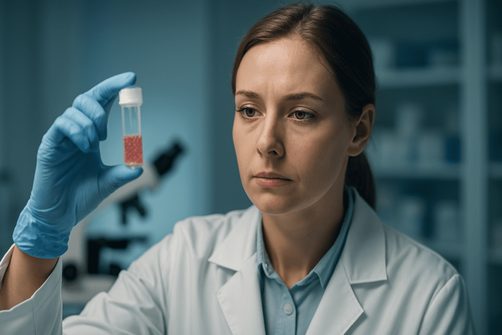 A young female scientist in a white lab coat and blue gloves closely examines a vial containing a reddish-pink stem cell solution in a clinical lab with cool lighting. The clean, modern lab background and her focused gaze reflect the precision and promise of stem cell research for treating type 2 diabetes.