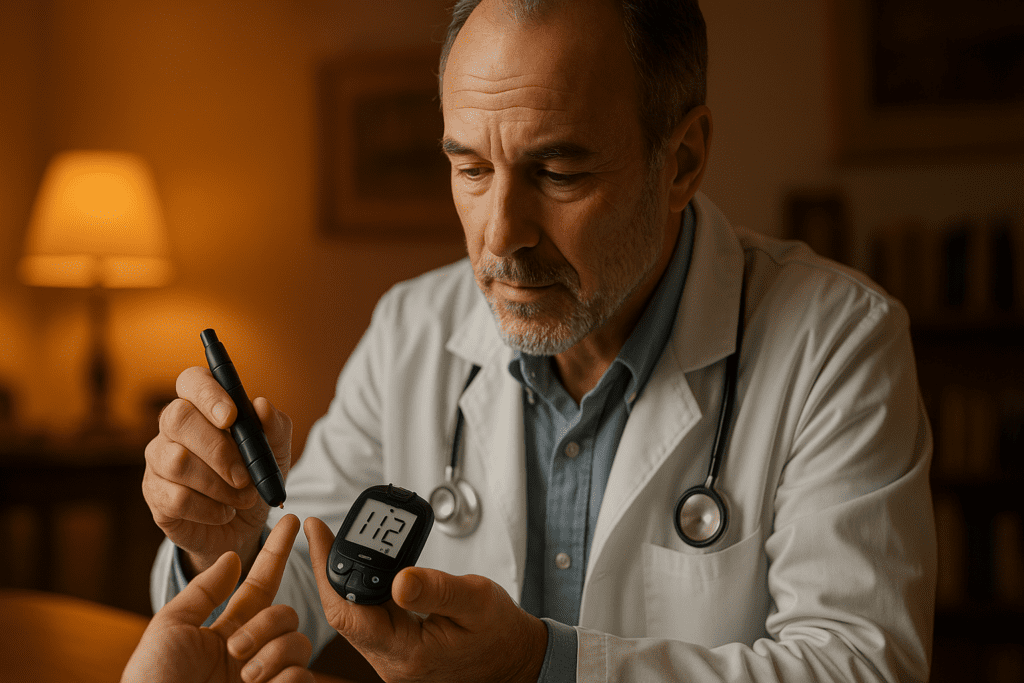 A middle-aged male doctor with graying hair and a beard performs a blood sugar test using a glucose meter under warm indoor lighting. The close-up setting emphasizes the doctor’s focus and the clinical relevance to type 2 diabetes monitoring, reflecting advancements in stem cell research and patient care.