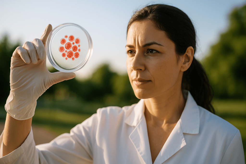 A female scientist in her early 30s wearing a white lab coat and gloves examines a petri dish filled with red-stained stem cells in an outdoor park setting during morning light. The image highlights the intersection of nature and biomedical research in stem cell therapy for type 2 diabetes, with soft natural lighting and a lush, blurred green background.
