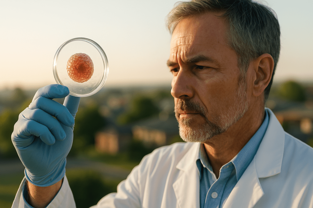 A male scientist with graying hair closely examines a petri dish containing a stem cell, held up against the backdrop of a sunlit suburban neighborhood. The soft natural morning light highlights the significance of stem cell breakthroughs in treating type 2 diabetes.