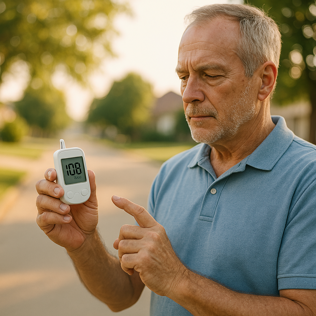 A photorealistic image of an older Caucasian man outdoors in a quiet suburban neighborhood, holding and closely examining a digital glucose meter in morning sunlight. The natural lighting emphasizes his focused expression, illustrating the importance of patient education in self-monitoring for type 2 diabetes management.