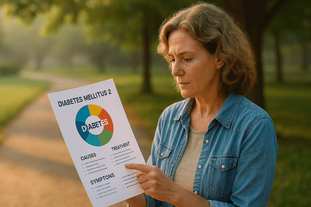 A middle-aged woman stands in a quiet park during early morning light, attentively studying an educational chart titled “Diabetes Mellitus 2.” The soft natural sunlight highlights her focused expression and the vibrant colors of the diagram, emphasizing the importance of Type 2 diabetes education in a peaceful, outdoor setting.