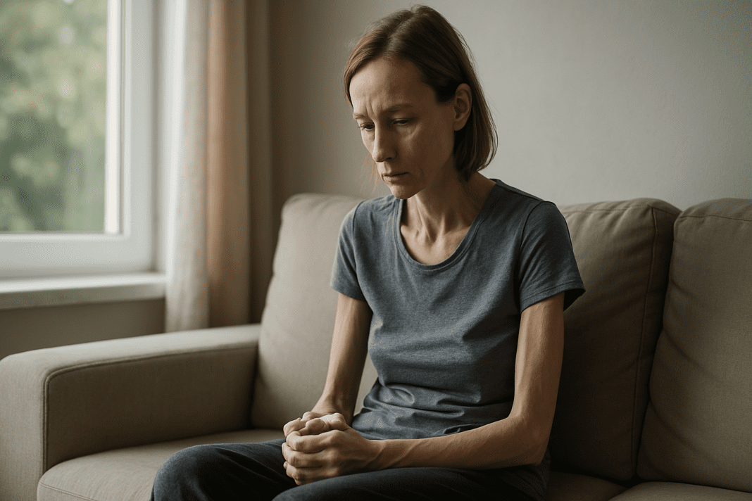 A pale, thin woman sits on a beige sofa in quiet reflection, hands clasped in her lap, as soft morning light filters through a nearby window, conveying emotional and physical effects of prolonged starvation.