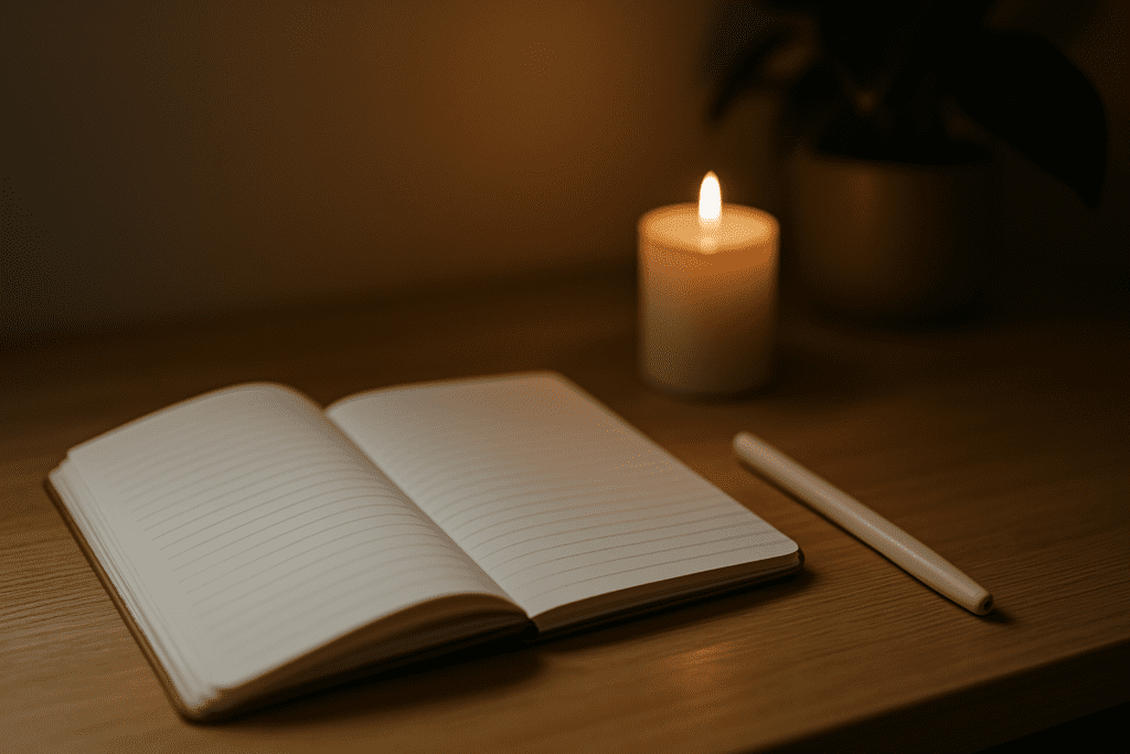 An open lined notebook rests on a light wooden desk beside a cream-colored pen, softly illuminated by a glowing candle in a dim room, evoking introspection and quiet moments associated with mental and emotional health.