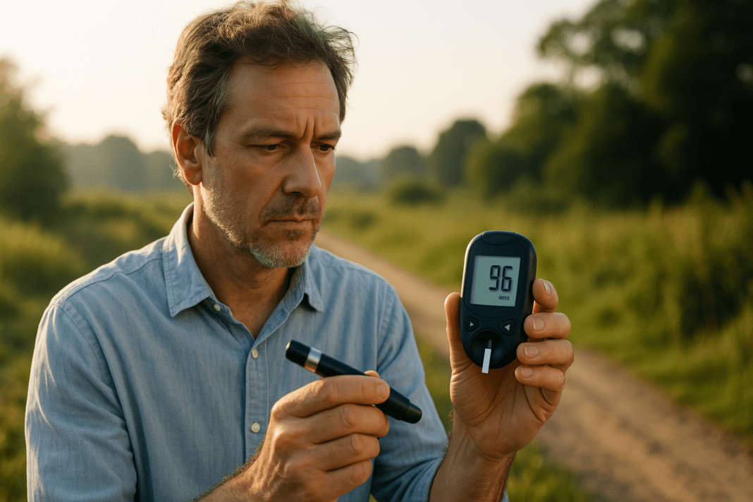 A middle-aged man with light skin inspects a glucometer showing a blood sugar level of 96 while holding an insulin pen in the other hand. He stands on a rural path surrounded by blurred greenery under soft natural morning light, symbolizing real-world breakthroughs in insulin resistance monitoring for type 2 diabetes.