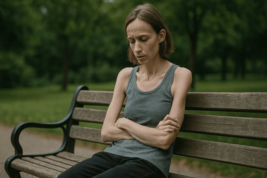A thin woman with a solemn expression sits alone on a wooden park bench, arms crossed and head slightly bowed, surrounded by soft greenery—visually reflecting the emotional and physical toll of starvation.