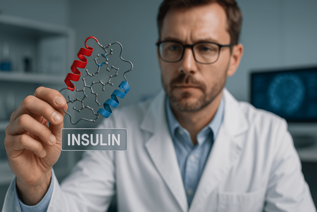 A male scientist in a white lab coat and glasses closely examines a 3D model of an insulin molecule labeled “INSULIN” in a clinically lit lab. The image reflects advancements in type 2 diabetes research, emphasizing molecular innovation in understanding insulin resistance.