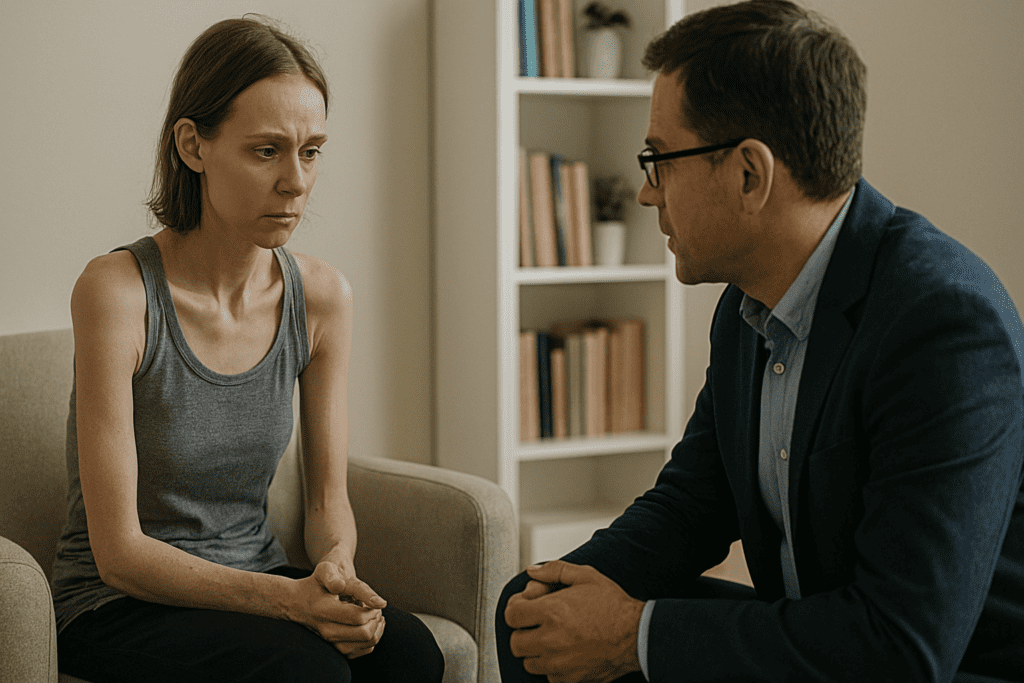 A concerned young woman sits across from a therapist in a calm, neutral-toned office, both engaged in a serious conversation, reflecting the importance of emotional support and professional help for individuals experiencing starvation or disordered eating.