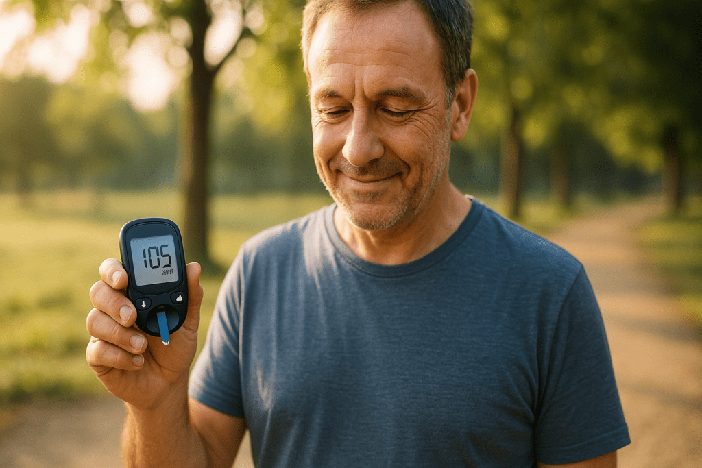 A middle-aged man with light skin and short brown hair stands in a sunlit park holding a glucose meter that reads 105, reflecting improved blood sugar control. The image uses soft natural morning light to highlight advancements in Type 2 diabetes management and the potential of new therapies for insulin resistance.