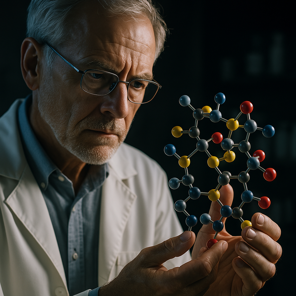 A photograph captures an older male scientist with white hair and glasses examining a colorful 3D molecular model of insulin under moody, dramatic lighting. The dim laboratory setting emphasizes the emerging research on insulin resistance and the pursuit of future therapies for Type 2 diabetes.