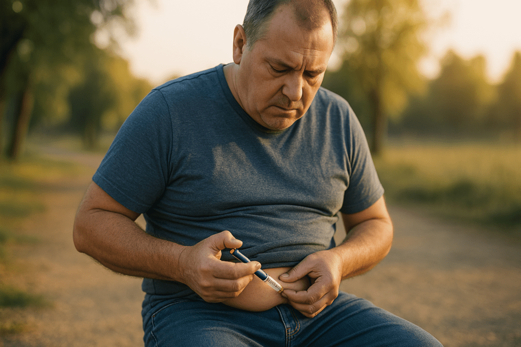 A middle-aged Caucasian man sits in a sunlit park during early morning, carefully injecting insulin into his abdomen using a pen device. The soft natural light and peaceful outdoor setting underscore the real-life challenges and self-care routines involved in managing type 2 diabetes and insulin resistance.