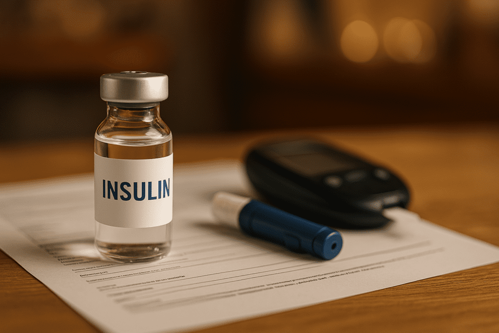 A close-up photograph of an insulin vial with a clear liquid sits on a wooden surface alongside a glucose meter and lancet pen, softly illuminated by warm indoor lighting. The image symbolizes essential tools in managing type 2 diabetes and highlights recent breakthroughs in insulin resistance treatments.