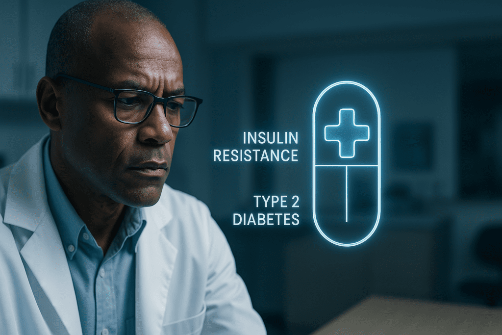 In a cool clinical environment, a serious Black male doctor examines a glowing holographic display illustrating insulin resistance and type 2 diabetes with a digital capsule icon. The blue-toned lighting and futuristic graphic emphasize innovation in diabetes research and treatment breakthroughs.