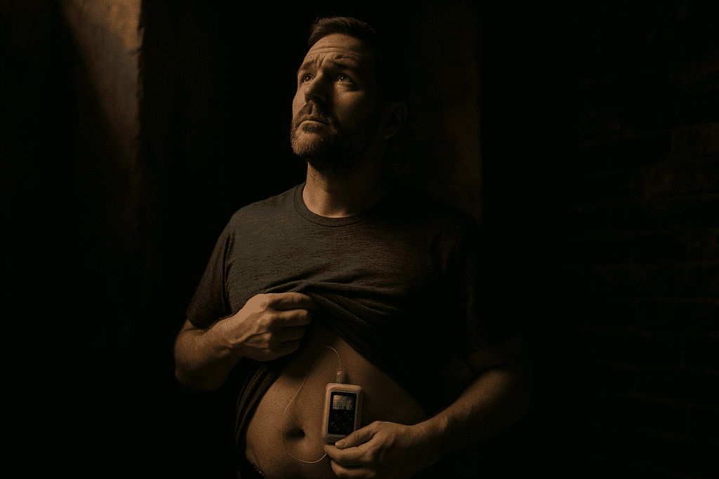 A Caucasian man in a dark room lifts his shirt to reveal an insulin pump attached to his abdomen, illuminated by moody lighting with strong shadows. The dramatic atmosphere and visible medical device evoke the ongoing journey of managing type 2 diabetes and breakthroughs in wearable treatments for insulin resistance.