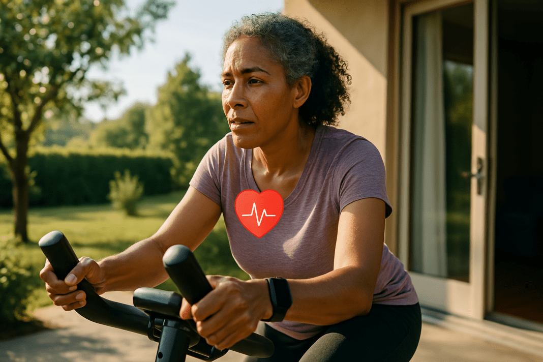 A fit African-American woman in her late 40s pedals a stationary bike on a sunlit home patio, her focused expression and steady posture reflecting determination. Surrounded by greenery and bathed in soft natural morning light, the outdoor setting emphasizes the theme of heart-healthy fitness from home in a peaceful, residential environment.