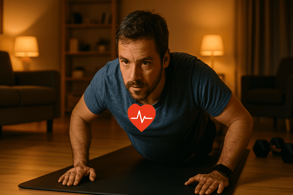 A Caucasian man in his 30s performs a push-up on a black mat in a warmly lit living room, his expression focused and determined. Surrounded by cozy furniture and ambient lighting, the scene captures a heart-healthy home workout routine that supports cardiovascular fitness in a calm and inviting indoor setting.