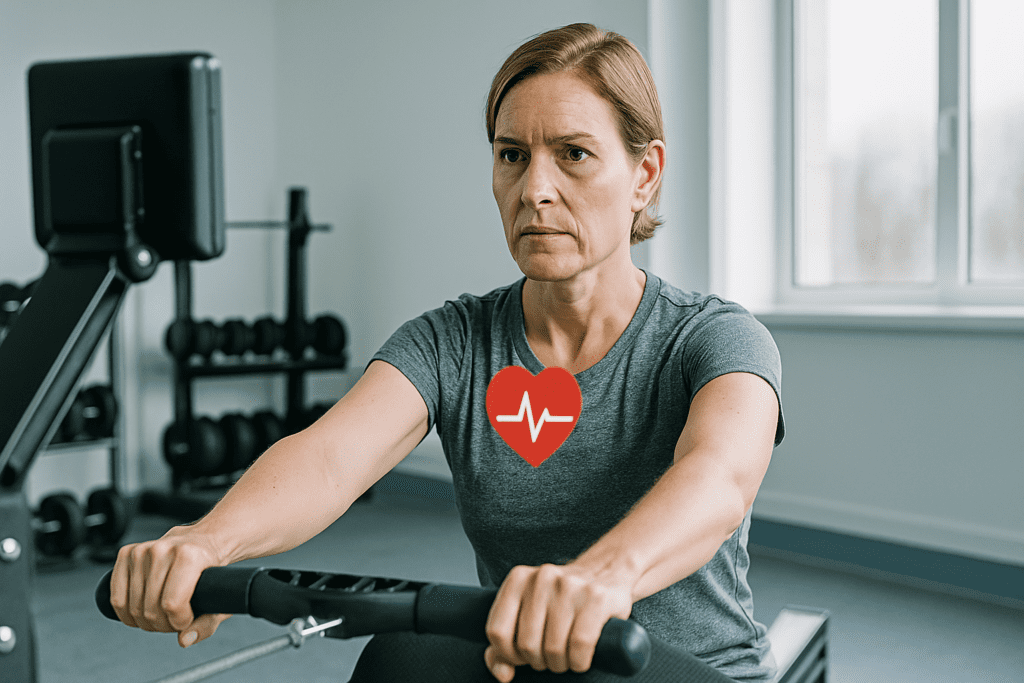 A determined woman in her late 40s rows on a black rowing machine in a minimalist home gym, lit by cool clinical daylight streaming through large windows. Her intense focus and controlled posture highlight the cardiovascular benefits of home workouts, set against a modern, clutter-free background with light gray walls and organized fitness equipment.