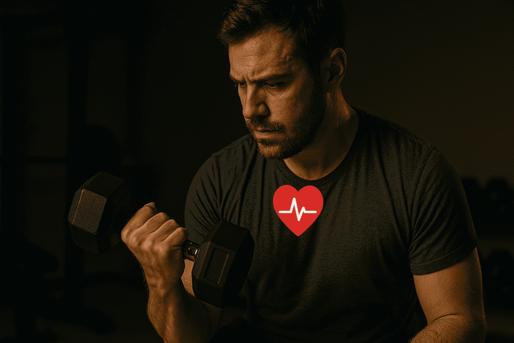 A muscular man in his 30s lifts a heavy dumbbell in a dimly lit home gym, illuminated by moody lighting that casts dramatic shadows across his focused face. The dark, minimalist background enhances the intensity of the heart-healthy workout, emphasizing strength training as a key component of safe cardiovascular fitness at home.
