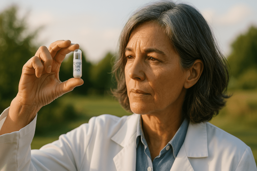 A middle-aged female scientist with gray hair examines a transparent capsule labeled “Glucose Cure 2025” in soft natural morning light, standing outdoors with a blurred green landscape behind her. The image conveys a sense of cautious optimism about breakthrough research on a Type 2 diabetes cure and highlights the role of scientific progress in 2025.