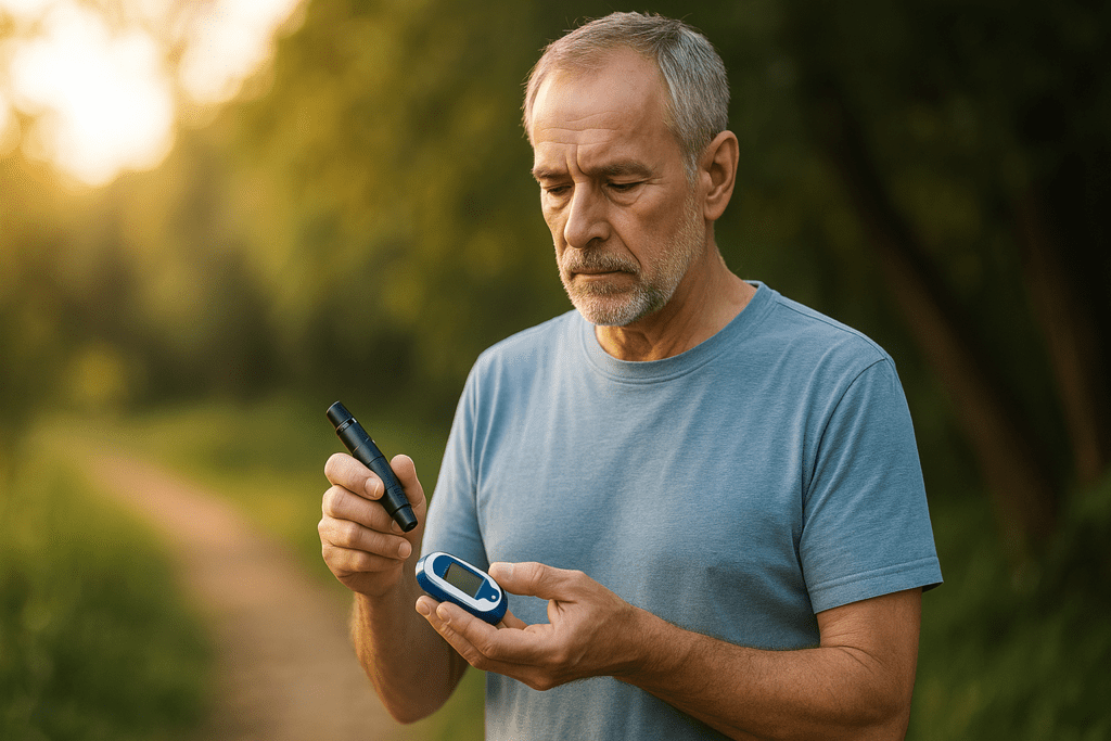 A high-resolution photograph taken in the late afternoon shows an older man with gray hair and a trimmed beard standing outdoors on a dirt path surrounded by greenery. He is using a blood glucose meter, concentrating as he prepares to check his sugar levels under soft natural morning light. This image reflects real-world diabetes management and the ongoing efforts to support Type 2 diabetes breakthroughs in 2025.
