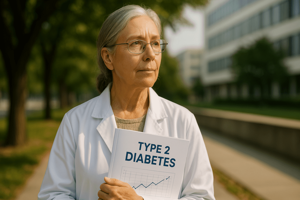 An older female scientist with silver hair and glasses stands outdoors in soft morning light, holding a research document labeled “Type 2 Diabetes.” She is dressed in a white lab coat and positioned near a tree-lined path with a modern medical building blurred in the background, symbolizing ongoing breakthroughs in Type 2 diabetes research and future cure potential.