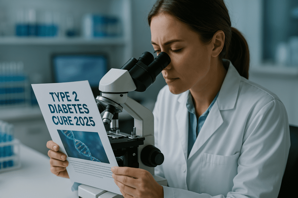 A high-quality digital photograph depicts a female medical researcher in a modern laboratory examining a slide through a microscope while holding a printed report titled “Type 2 Diabetes Cure 2025.” Cool clinical lighting and sleek lab equipment create a focused, professional atmosphere, reflecting the cutting-edge scientific progress toward curing Type 2 diabetes.