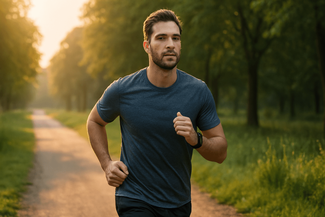 A young Caucasian man in his late twenties jogs along a quiet park trail in soft natural morning light, with golden sun rays filtering through tall trees in the background. The serene outdoor setting, combined with his focused expression and athletic motion, visually reinforces the importance of regular cardio for heart health and long-term fitness.