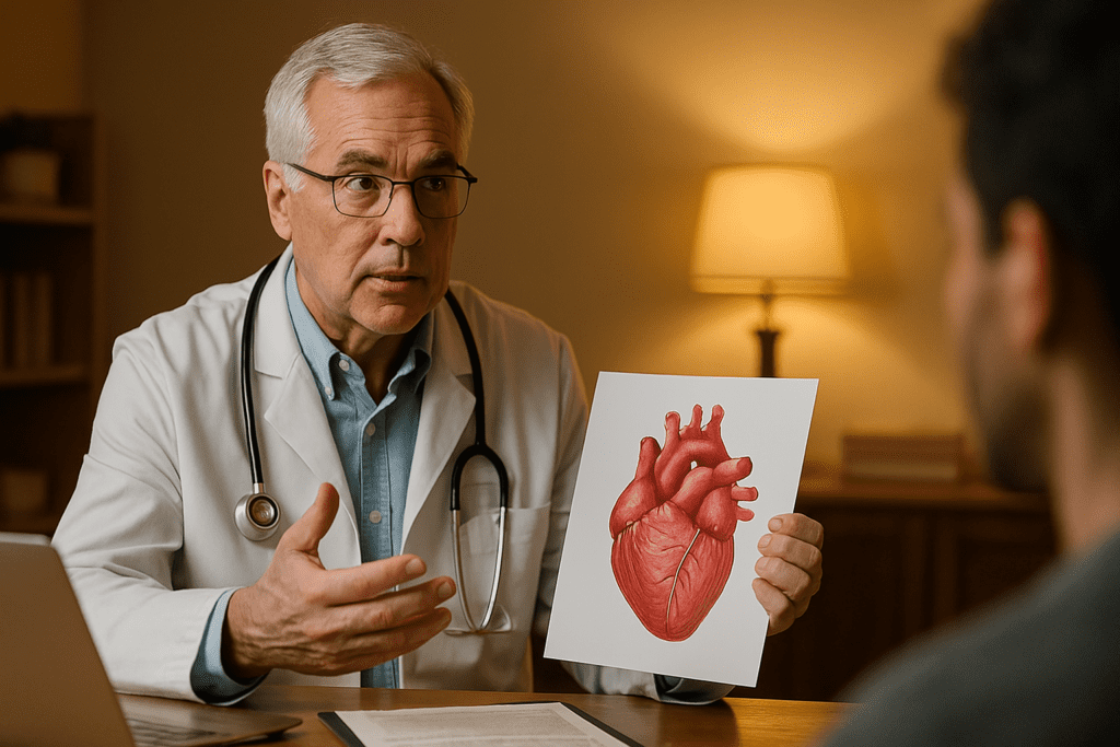 An older Caucasian male doctor with white hair and glasses is seated in a warmly lit office, holding an anatomical heart diagram while explaining heart health to a patient. The cozy indoor setting and ambient lamp lighting create a calm, informative atmosphere that emphasizes doctor-recommended cardio exercise guidelines for heart health and longevity.