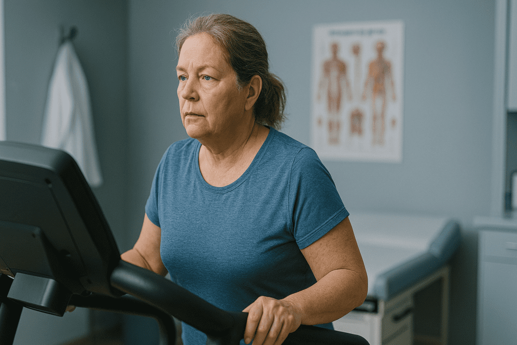 A middle-aged Caucasian woman exercises on a treadmill in a clinical exam room under cool, clinical lighting, her focused expression reflecting determination. The medical environment, including a visible anatomy chart and doctor's coat in the background, reinforces the importance of doctor-recommended cardio for heart health and safe physical activity.