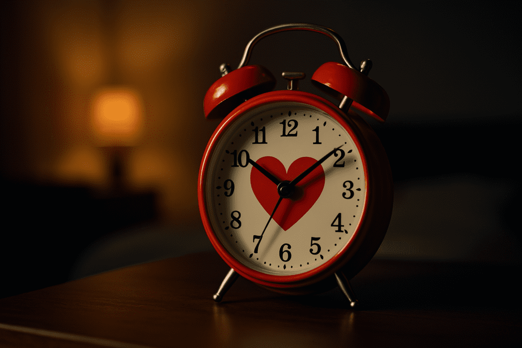 A heart-shaped red analog alarm clock sits on a wooden bedside table in a dimly lit room, illuminated by moody, dramatic lighting from a nearby lamp. The symbolic timepiece visually represents the urgency of scheduling regular cardio each week to support heart health and long-term wellness.